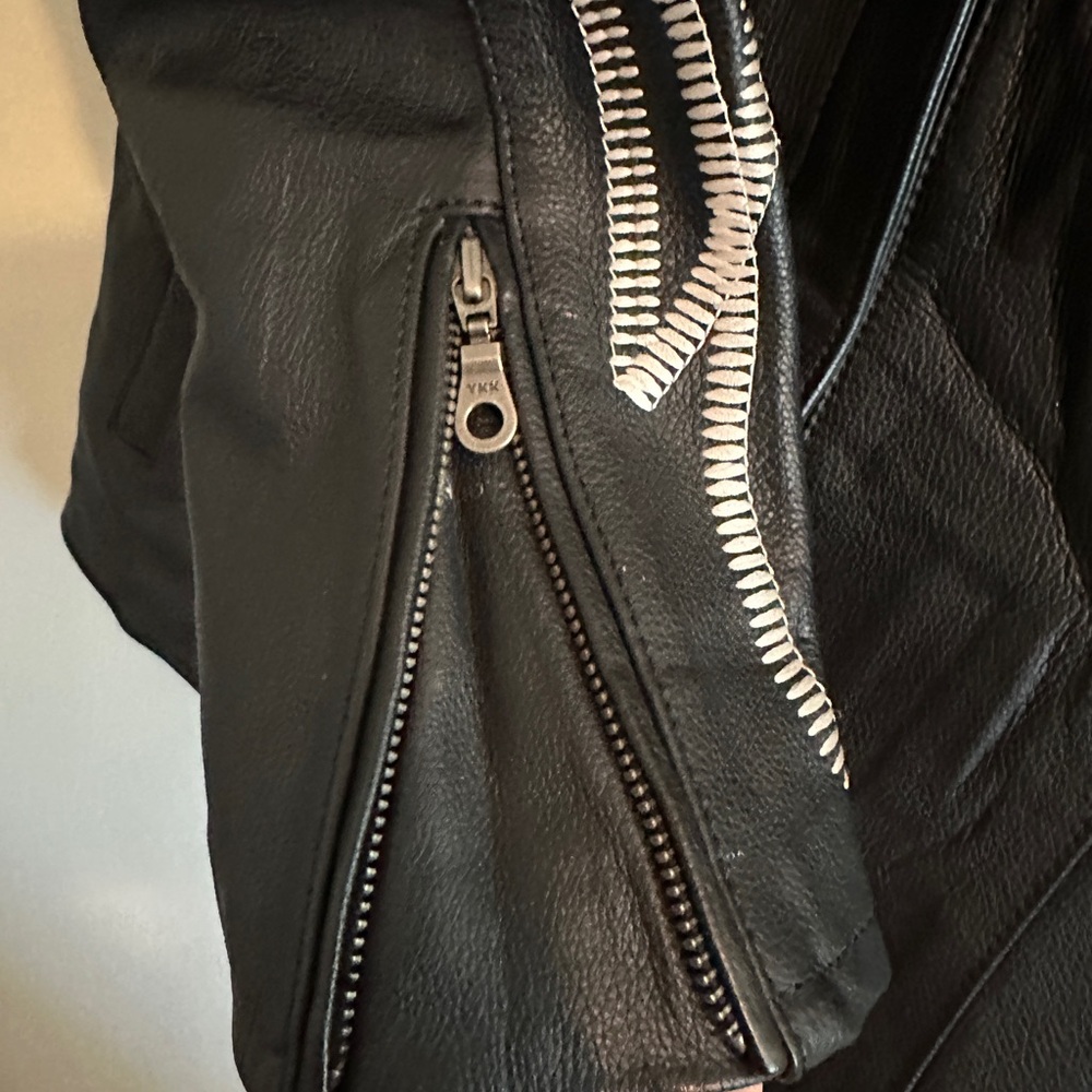 Pure Victory Black Leather Jacket with White embroidered Detailing - Picture 5 of 16